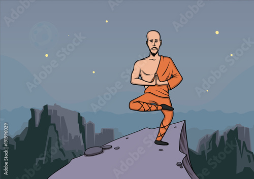 Man in the clothes of a monk, master of martial arts practicing wushu in the mountains. Vector illustration.