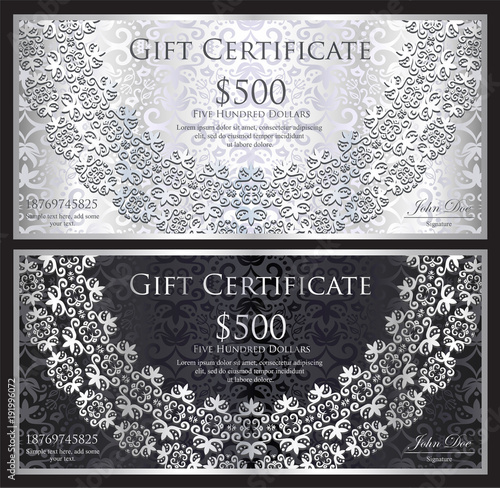 Luxury silver and black gift certificate with rounded lace decoration and vintage background