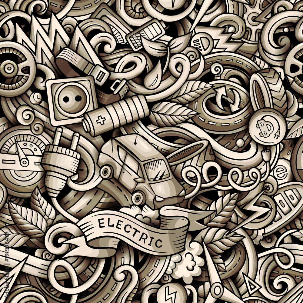 Cartoon cute doodles hand drawn Electric vehicle seamless pattern