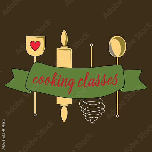 Cooking tools collection.  Vector illustration of cooking tools as wooden spoon, ladle, whipper and roller on brown background. Cooking classes