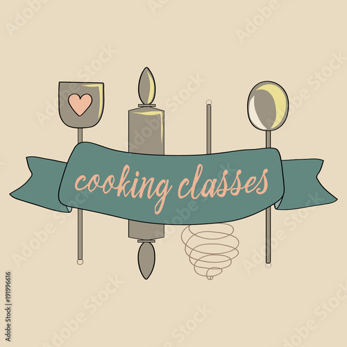 Cooking tools collection.  Vector illustration of cooking tools as wooden spoon, ladle, whipper and roller on light yellow background. Cooking classes