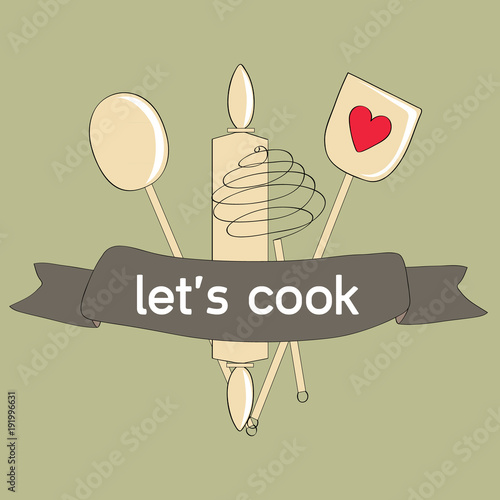 Cooking tools collection.  Vector illustration of cooking tools as wooden spoon, ladle, whipper and roller on light green background. Let's cook