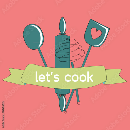 Cooking tools collection.  Vector illustration of cooking tools as wooden spoon, ladle, whipper and roller on light pink background. Let's cook
