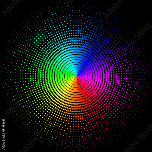 Colorful background in the form of rays of colored balls of different sizes on a black background