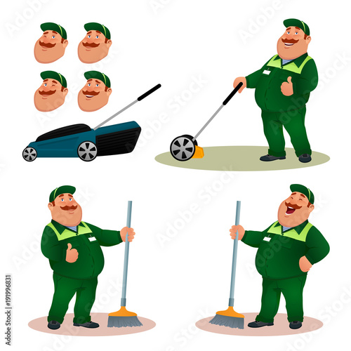 Funny cartoon janitor set with emotions. Smiling fat character gardener in green suit sweeping floor with broom. Happy flat cleaner with lawn mower and face expressions. Colorful vector illustration.