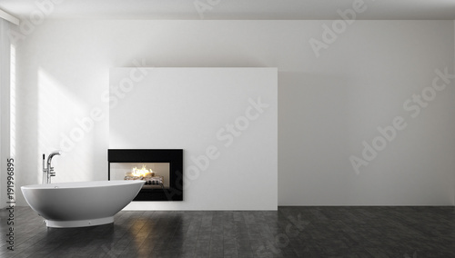 Minimalist bathroom with bathtub and fireplace