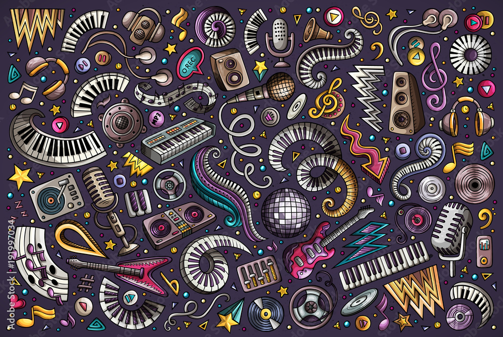 Fototapeta premium Colorful vector doodles cartoon set of disco music objects