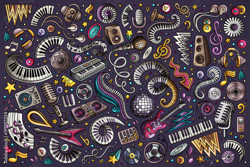 Colorful vector doodles cartoon set of disco music objects