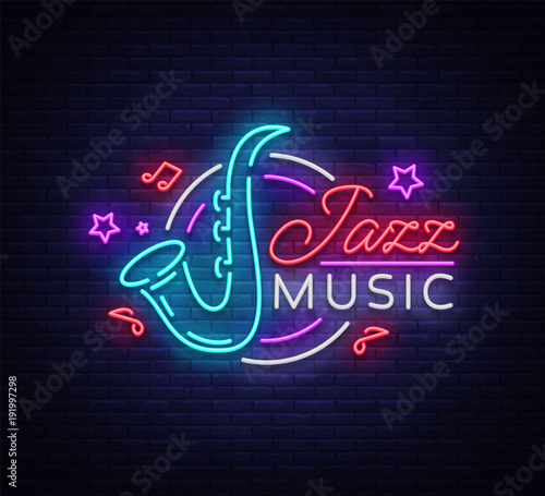 Jazz music is a neon sign. Symbol, neon-style logo, bright night banner, luminous advertising on Jazz music for Jazz cafe, restaurant, bar, party, concert. Design template. Vector illustration