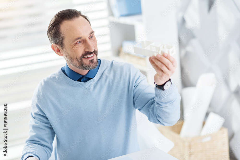 Engineering. Attractive delighted dark-haired bearded man smiling and holding a model of a future house while being in his office