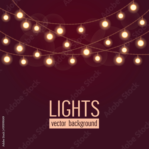 Set of glowing string lights on dark red background. Vector illustration