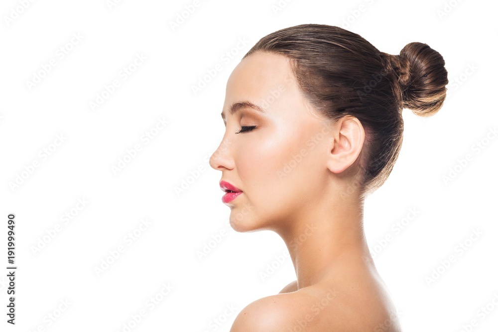 Beautiful Spa woman on white isolate background. Profile, close-up Beautiful Spa woman on white isolate background. Profile, close-up