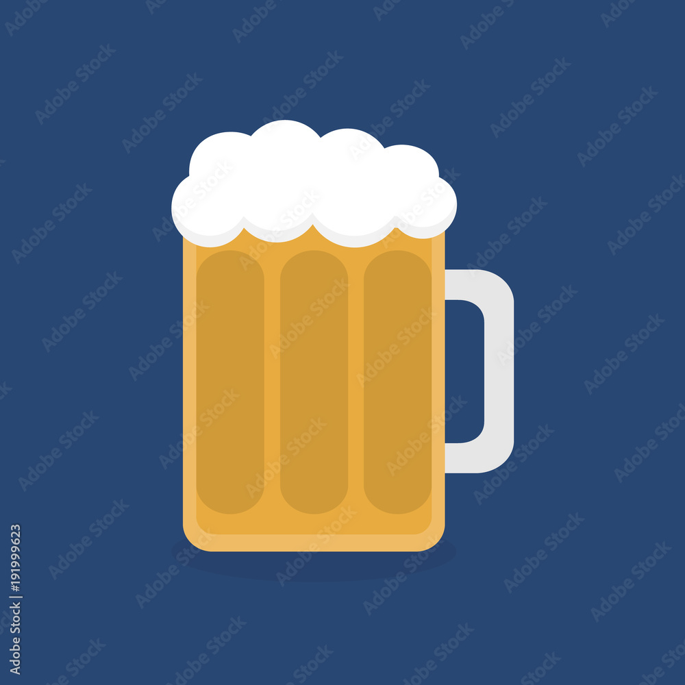 Beer in glass vector graphic illustration, flat icon, isolated on dark blue background. Half-litre or pint of alcoholic beverage, beer with beer head, foam in glass. Beer in glass vector graphic illustration, flat icon, isolated on dark blue background. Half-litre or pint of alcoholic beverage, beer with beer head, foam in glass.