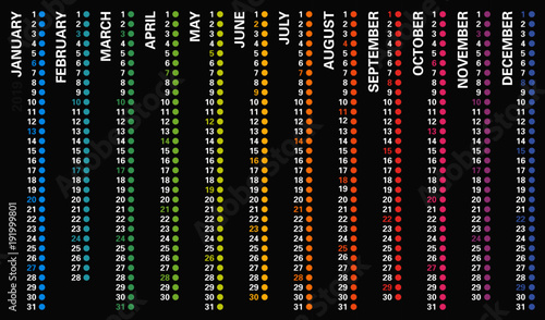 Creative wall calendar 2019 with rainbow design with dots, sundays selected, english language. Multicolored template for web, business, print, postcard, wall and banner.