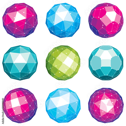 Set of vector dimensional wireframe low poly objects, spherical facet shapes with grid. Technology 3d mesh elements collection can be used as design forms in engineering.