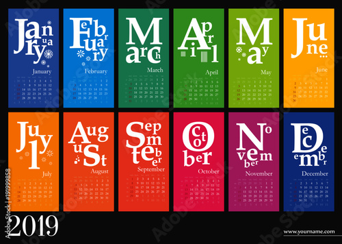 Wall calendar for 2019 year. Multicolored pages. Week start sunday, classic grid, english. Editable vector template for web and print design.