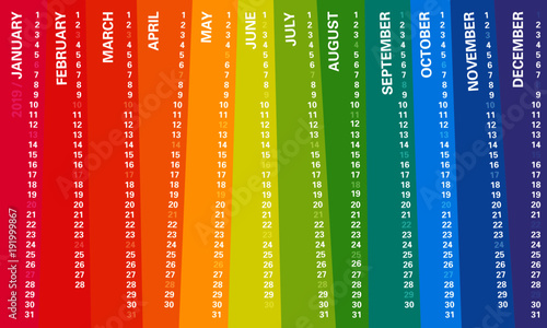  Creative wall calendar 2019 with irregular vertical rainbow design, sundays selected, english language. Multicolored template for web, business, print, postcard, wall, bookmark and banner.