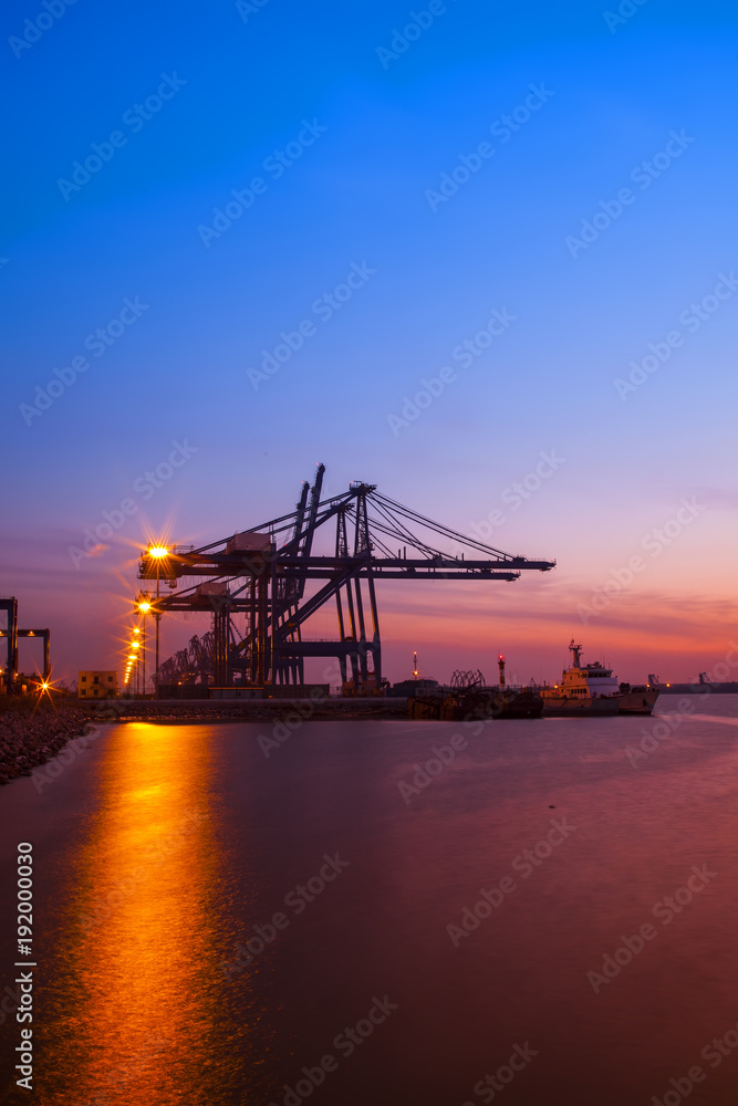 Freight dock of container crane at night