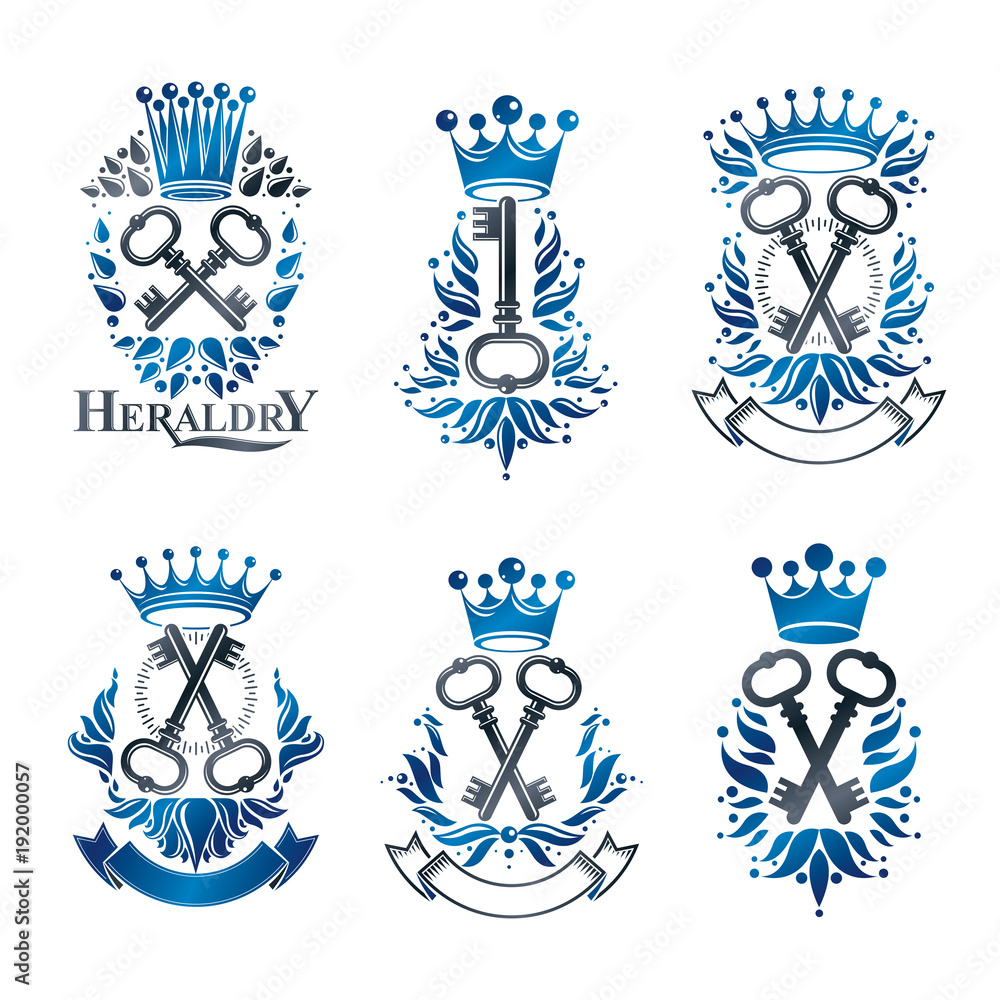 Old Turnkey Keys emblems set. Heraldic vector design elements collection. Retro style label, heraldry logo. Old Turnkey Keys emblems set. Heraldic vector design elements collection. Retro style label, heraldry logo.
