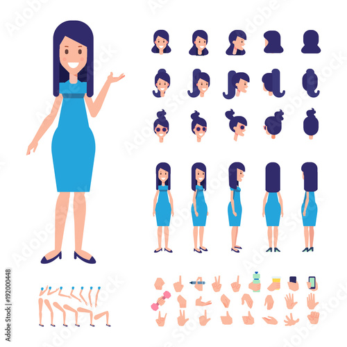 Front, side, back, 3/4 view animated character. Young girl character creation set with various views, hairstyles, face emotions, poses and gestures. Cartoon style, flat vector illustration.