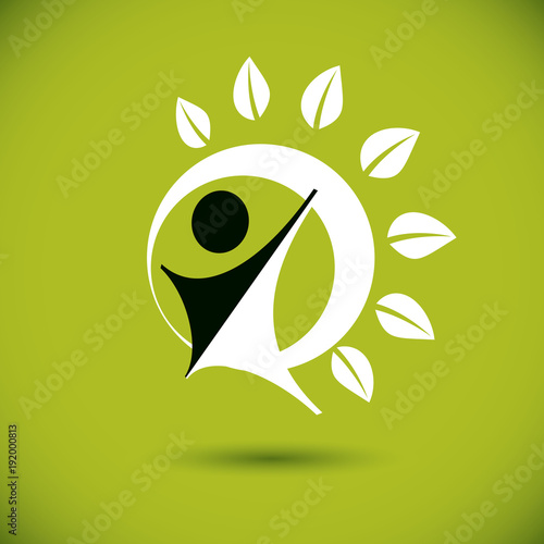 Vector illustration of happy abstract individual with raised hands up. Go green idea creative logo. Healthy lifestyle metaphor. Environmental conservation theme symbol.