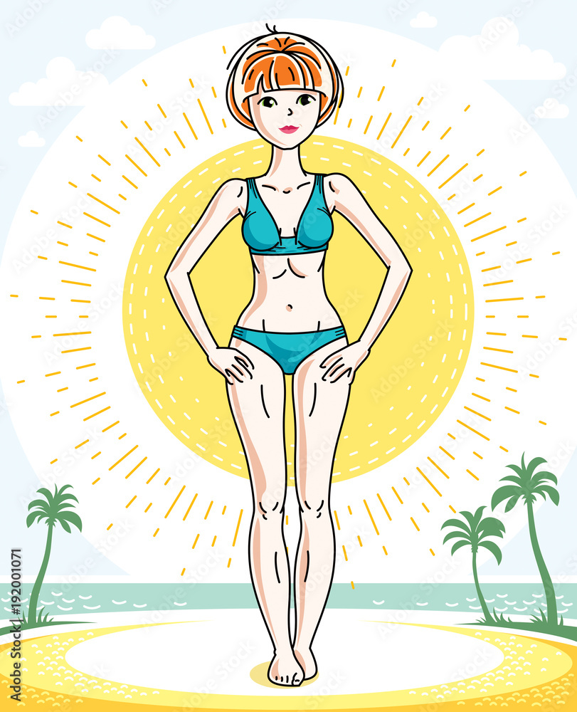 Happy pretty young redhead woman standing on tropical beach with palms and wearing swimming suit. Vector character.