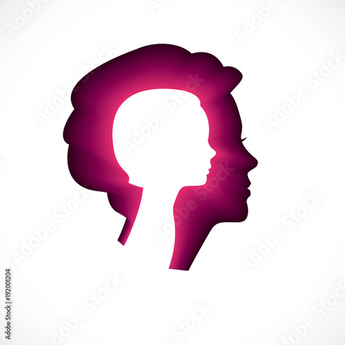 Psychology, mental health vector design, created with woman head profile and little child girl inside, inner child concept, origin of human individuality and psychic problems. Therapy and analysis.