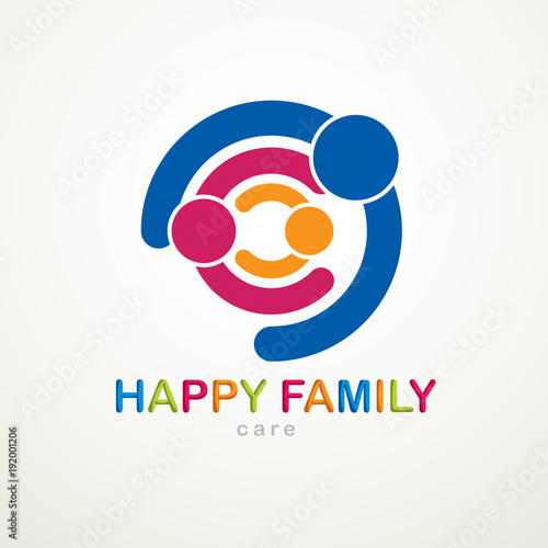 Happy family vector logo or icon created with simple geometric shapes. Tender and protective relationship of father, mother and child. Together as one system relations.