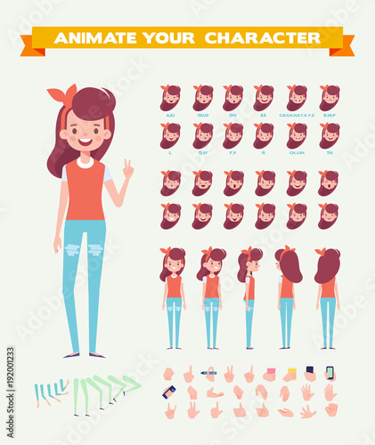 Front, side, back, 3/4 view animated character. Young girl character creation set with various views, hairstyles, face emotions, poses and gestures. Cartoon style, flat vector illustration.