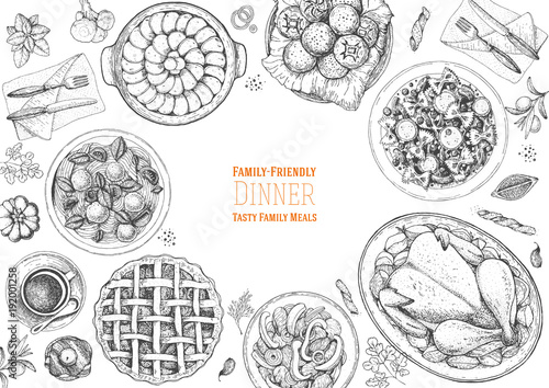 Family dinner top view, vector illustration. Friendly dinner table. Food design template. Engraved style background. Hand drawn sketch, design template.