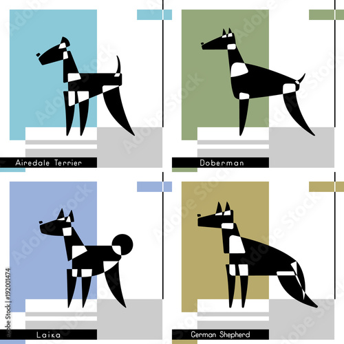 Set of cards with the stylized dog breeds