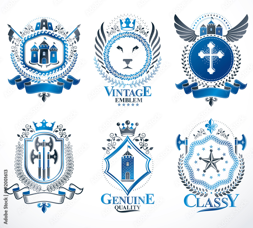 Obraz premium Heraldic Coat of Arms created with vintage vector elements, animals, towers, crowns and stars. Classy symbolic emblems collection, vector set.