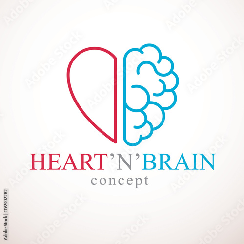 Heart and Brain concept, conflict between emotions and rational thinking, teamwork and balance between soul and intelligence. Vector logo or icon design.