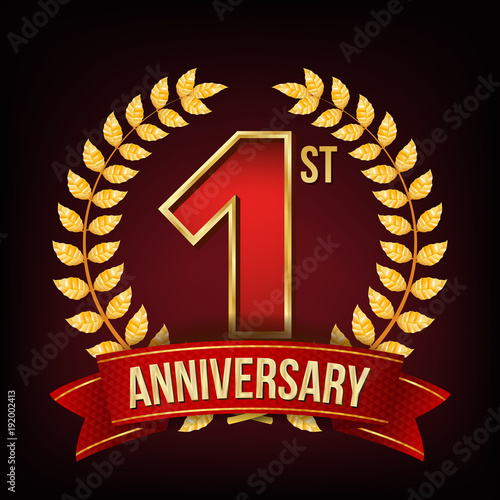 1 Year Anniversary Banner Vector. One, First Celebration. Shining Gold Sign. Number One. Laurel Wreath. Red Ribbon. For Business Event Design. Illustration