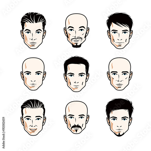 Collection of Caucasian men faces expressing different emotions, vector human head illustrations.