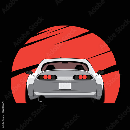 Cartoon japan tuned car on red sun background. Back view. Vector illustration