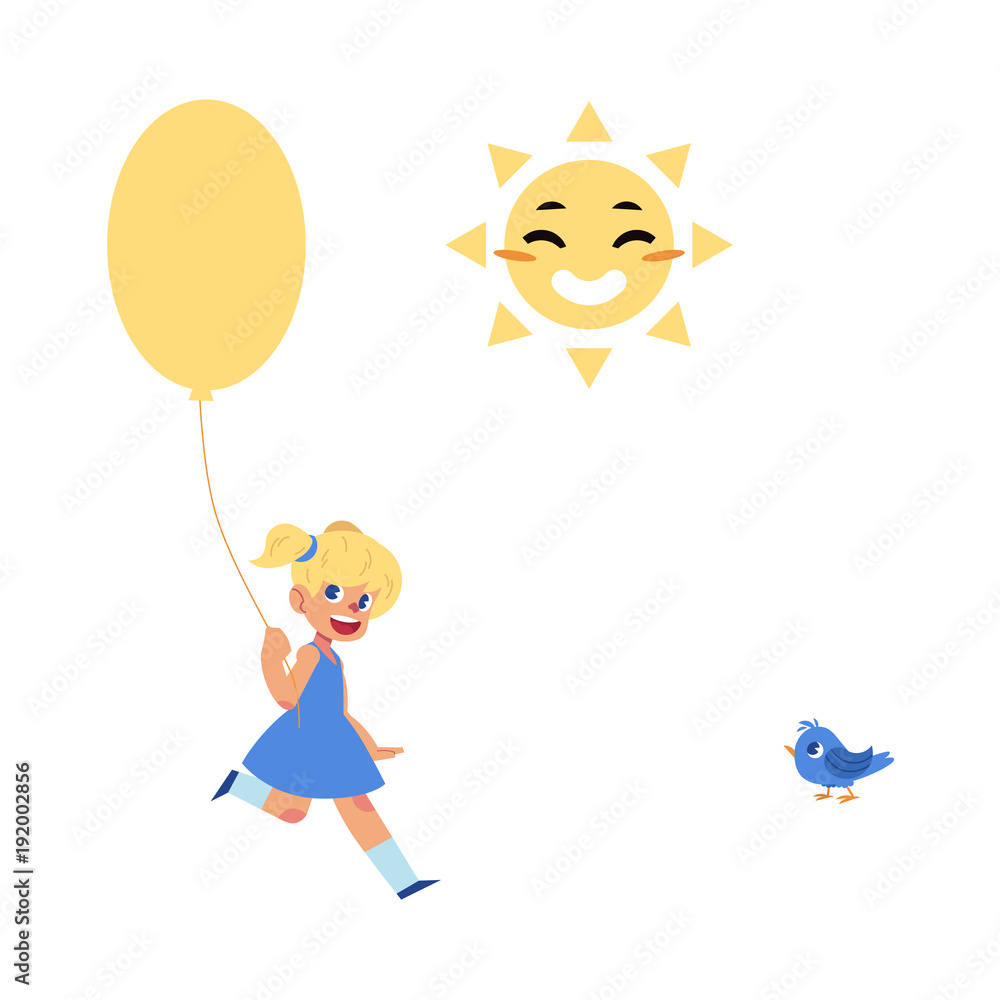 Vector flat little girl child walking, running with big colored air balloon in blue dress, smiling sun face, blue sparrow bird. Happy female character kids celebration party invitation card design. Vector flat little girl child walking, running with big colored air balloon in blue dress, smiling sun face, blue sparrow bird. Happy female character kids celebration party invitation card design.