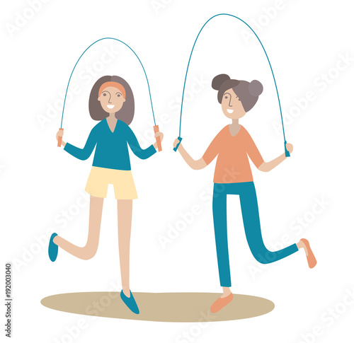 Two girls jumping rope. Healthy lifestyle. Vector illustration, isolated on white background.