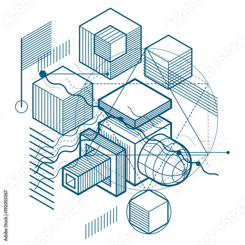 Abstract 3d shapes composition  vector isometric background. Composition of cubes  hexagons  squares  rectangles and different abstract elements.