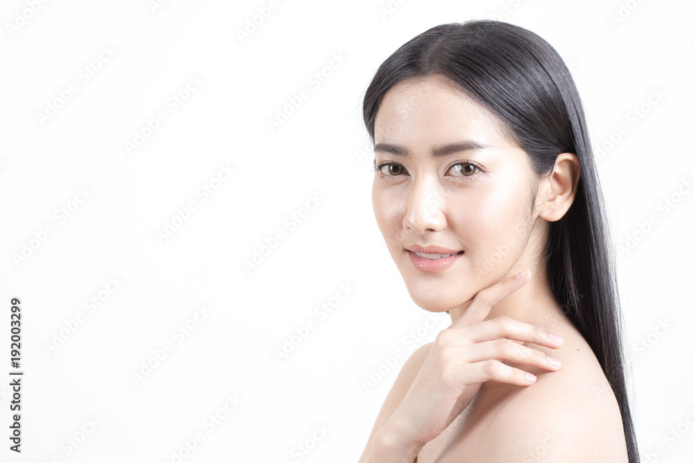 Beautiful Asian Woman Portrait. Beautiful Woman looking to camera. Korean Woman Touching her Face. People with Youth and Skin Care Concept. isolated on white background.