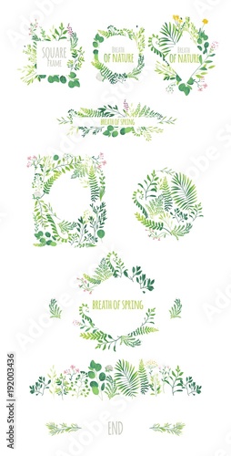 Big set of eco style round and square frames, decorations elements, borders made of green leaves, twigs, herbs, flowers and branches, flat doodle vector illustration isolated on white background