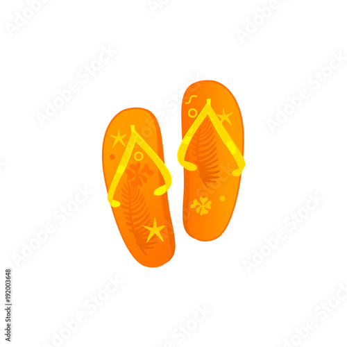Vector flat travelling, beach vacation symbol beach slippers, flip flops orange colored with starfish print icon. Summer holiday poster, banner design element. Isolated illustration, white background