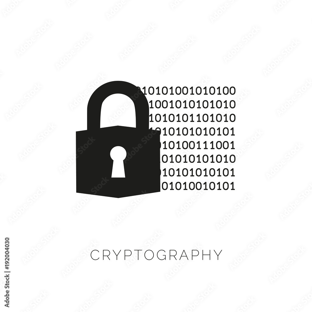 Cryptography concept with lock and binary code. Simple element illustration