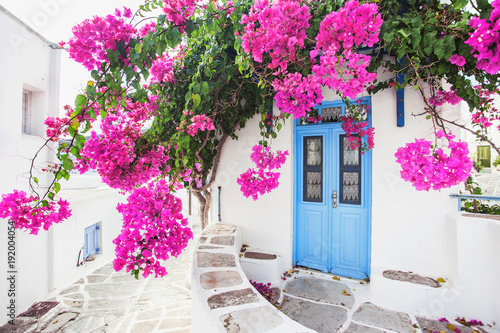 Traditional greek house with flowers in Paros island, Greece