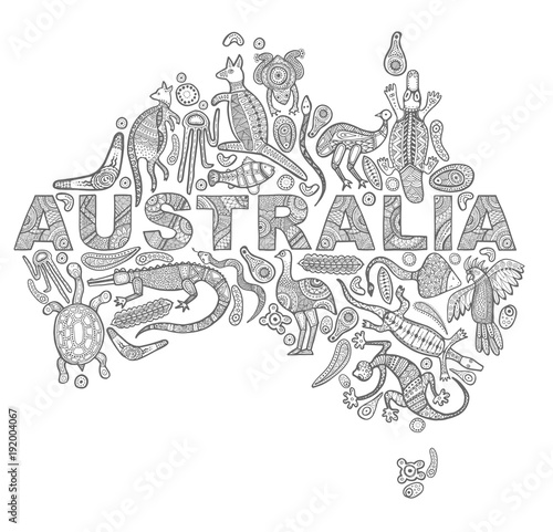 Animals drawings aboriginal australian style in the form of a map of Australia