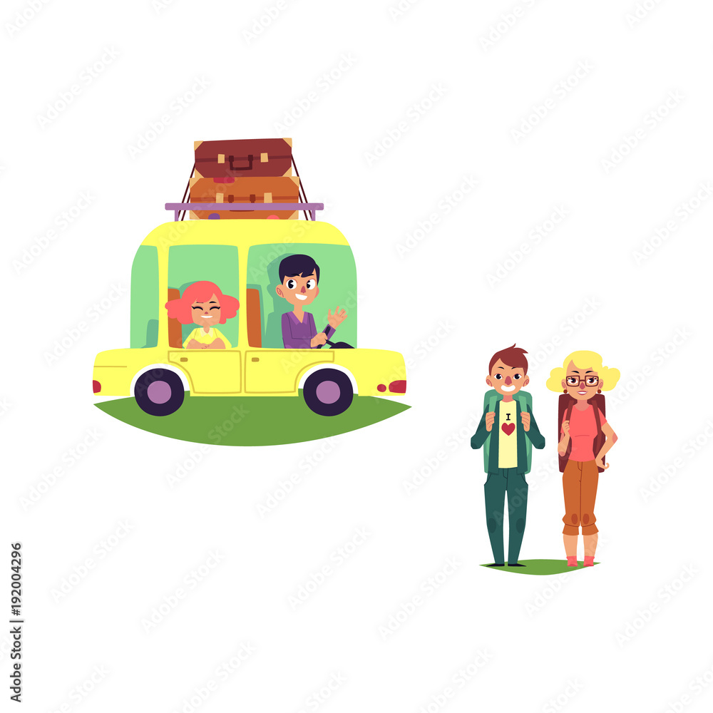 vector flat woman, boy driving car, auto vehicle with big bags at its roof, man girl hikers with backpacks. Road trip, travelling concept. Isolated illustration on a white background. vector flat woman, boy driving car, auto vehicle with big bags at its roof, man girl hikers with backpacks. Road trip, travelling concept. Isolated illustration on a white background.
