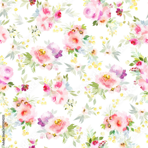 Seamless summer pattern with watercolor flowers handmade. © Karma