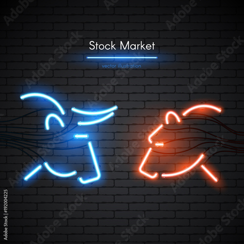 Image of a bull and bear made of neon lamps on a background in the form of a dark brick wall. Stock Market logo or emblem with bright neon light.