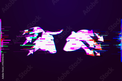 Stock Market with Interference. Glitch logo of bull and bear on dark background. White object with anaglyph color effect. Vector illustration.