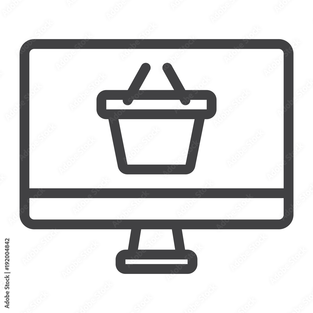 Online Shopping line icon, basket and pc, e commerce sign vector graphics, a linear pattern on a white background, eps 10. Online Shopping line icon, basket and pc, e commerce sign vector graphics, a linear pattern on a white background, eps 10.